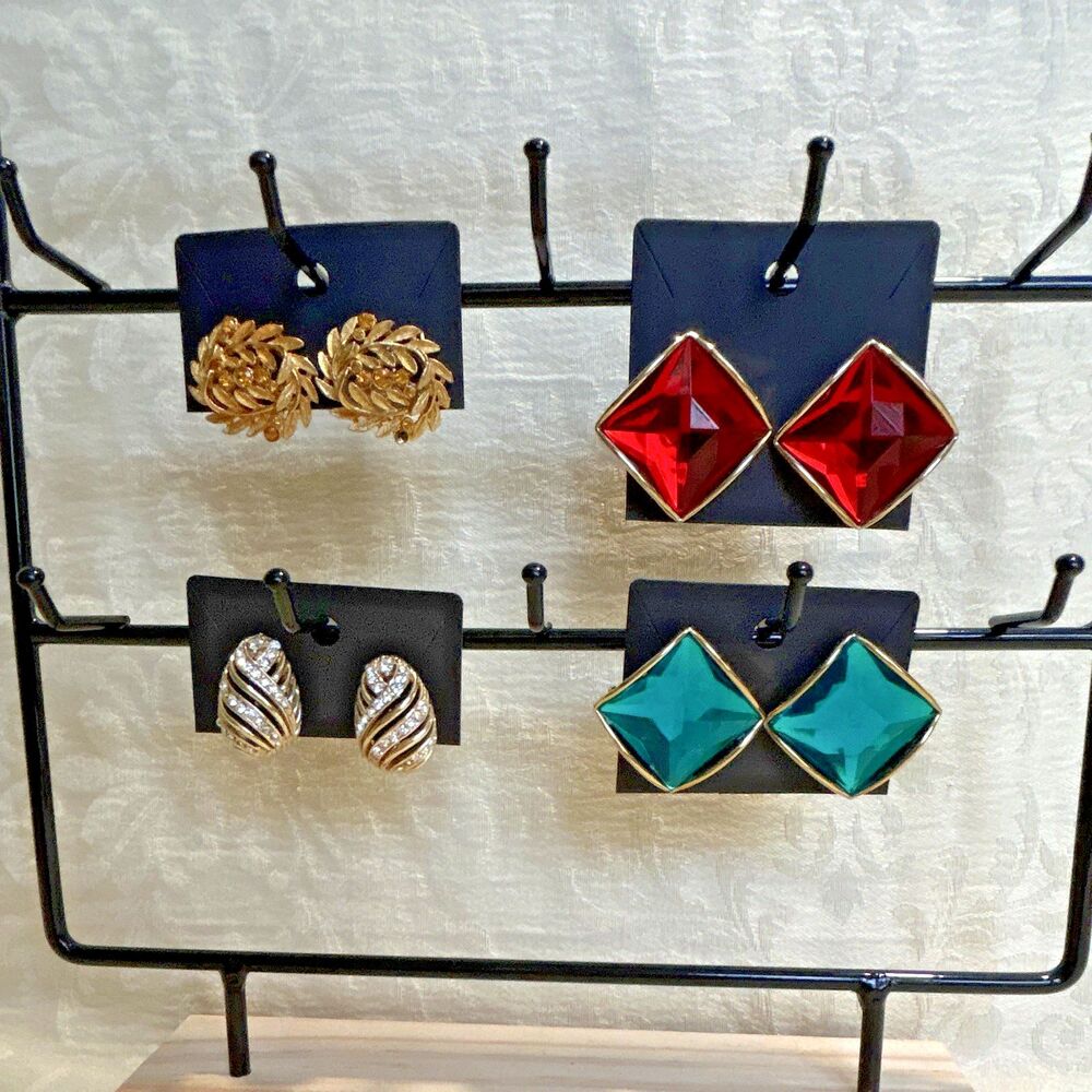 Vintage Clip On Earrings Lot 4 Pairs 1980s Retro Statement Gold Tone Rhinestones